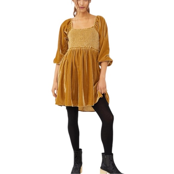 Free People Daphne Velvet Mustard Yellow Mini Dress - Picture 4 of 8
